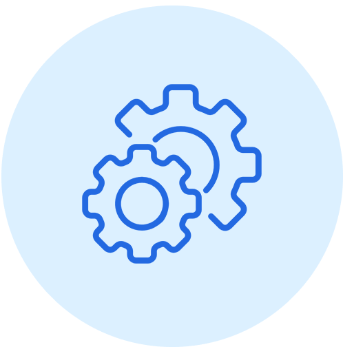 Two blue gears interlocking on a light blue background.