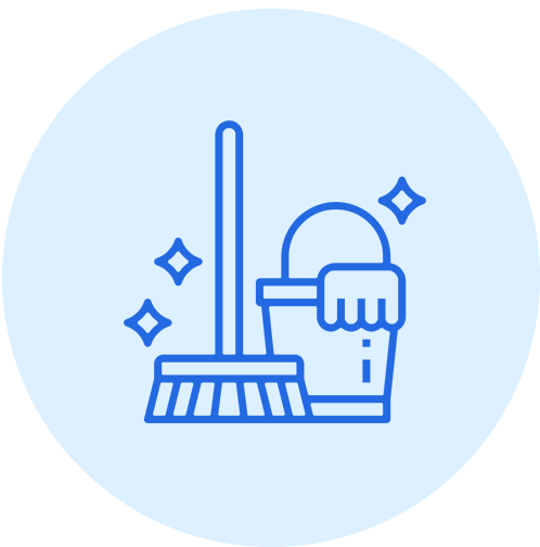 Illustration of a mop and bucket with sparkling stars symbolizing cleanliness.