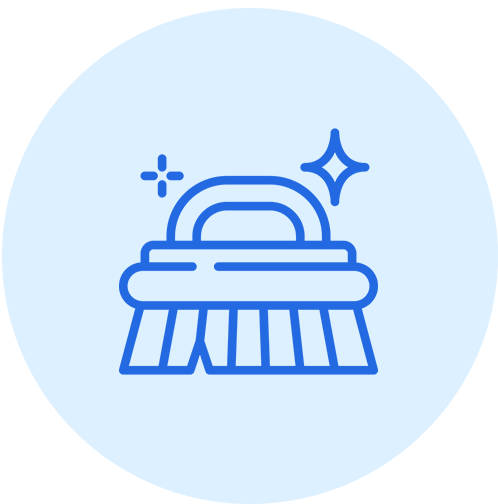 Blue icon of a cleaning brush with sparkles on a light background.