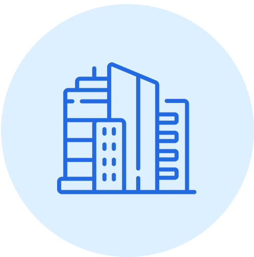Blue line art icon of a modern office building on light blue background.