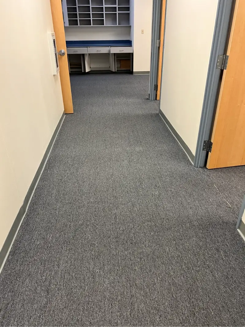 Empty office hallway with gray carpet and open doors.