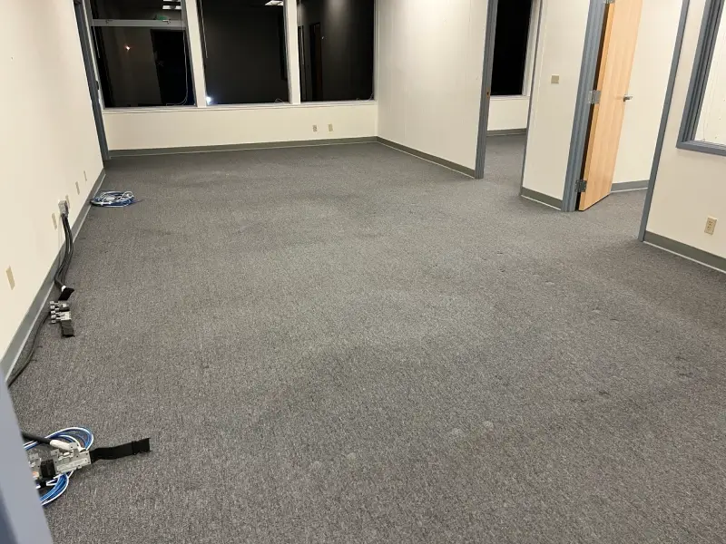Empty office room with gray carpet and windows.