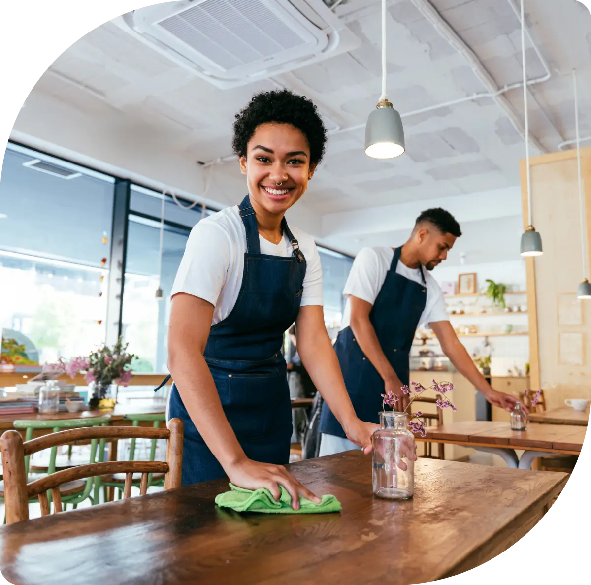 Smiling baristas cleaning tables in bright cafe