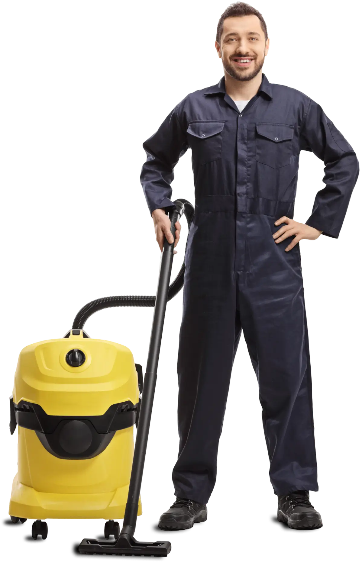 Cleaning technician in coveralls with yellow vacuum